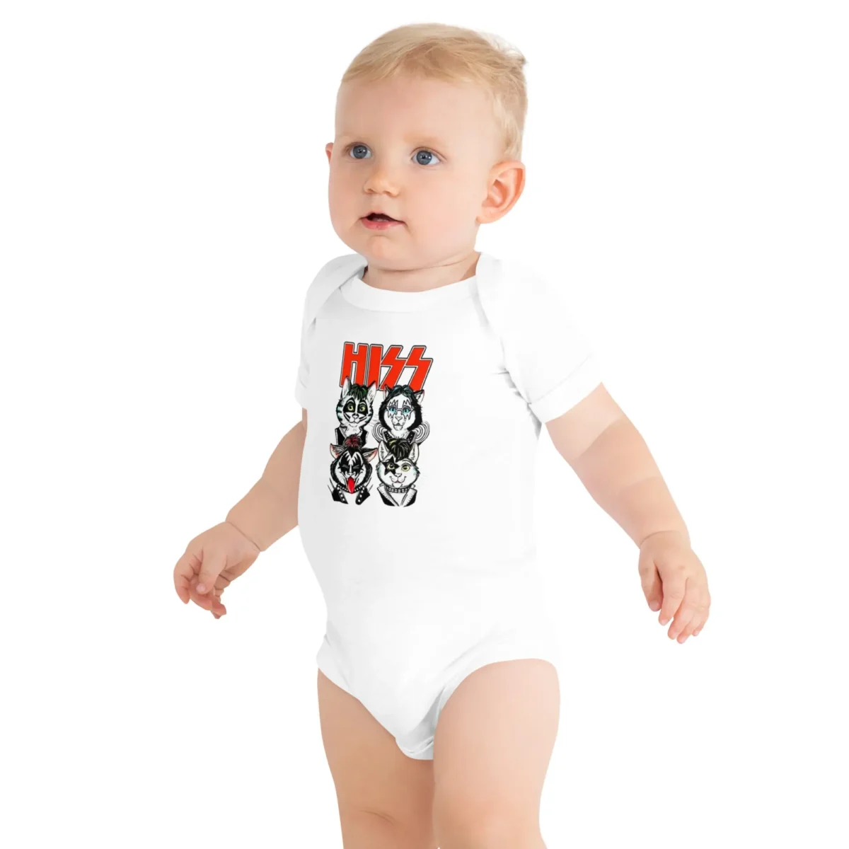Body de bebé branco KISS (HISS) com o logótipo vermelho e quatro ilustrações dos membros da banda como gatos ("Cat Rock").