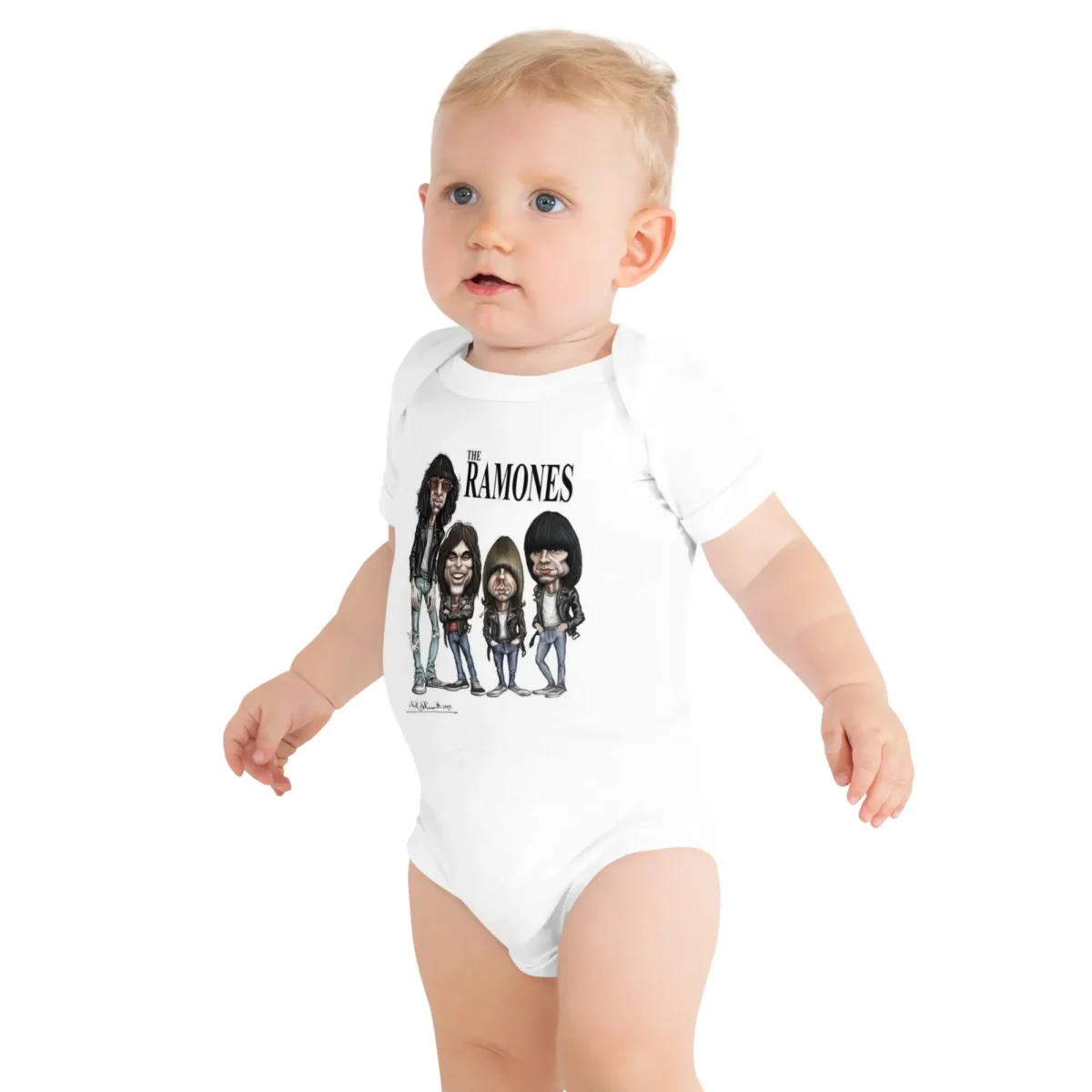 Body de bebé branco Ramones com uma ilustração engraçada em caricatura dos quatro membros originais da banda, prontos para o punk rock.