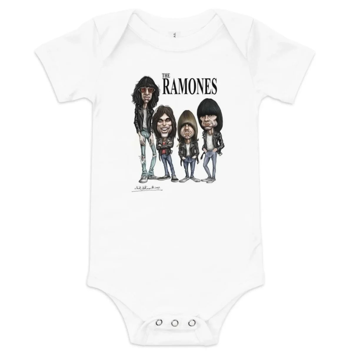 Body de bebé branco Ramones com uma ilustração engraçada em caricatura dos quatro membros originais da banda, prontos para o punk rock.