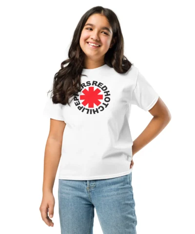 T-shirt de criança branca Red Hot Chili Peppers com o logótipo da banda: um asterisco vermelho no centro, rodeado pelo nome da banda em preto.