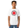 T-shirt de criança branca Red Hot Chili Peppers com o logótipo da banda: um asterisco vermelho no centro, rodeado pelo nome da banda em preto.