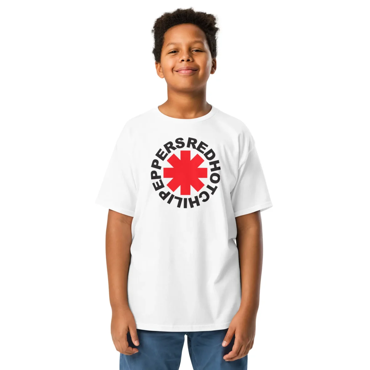 T-shirt de criança branca Red Hot Chili Peppers com o logótipo da banda: um asterisco vermelho no centro, rodeado pelo nome da banda em preto.