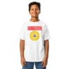 T-shirt branca de criança com estampa oficial Soundgarden em vermelho e amarelo. Moda rock confortável e cheia de atitude para pequenos fãs.