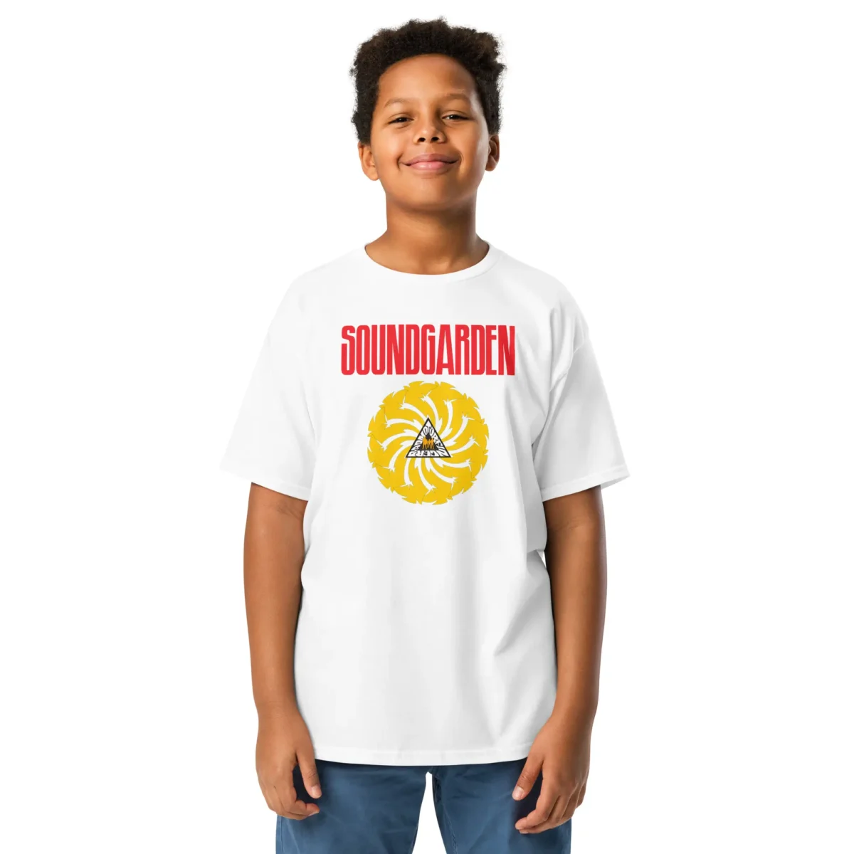 T-shirt branca de criança com estampa oficial Soundgarden em vermelho e amarelo. Moda rock confortável e cheia de atitude para pequenos fãs.
