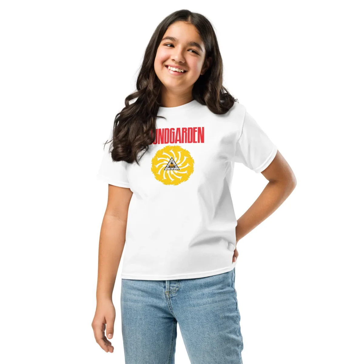 T-shirt branca de criança com estampa oficial Soundgarden em vermelho e amarelo. Moda rock confortável e cheia de atitude para pequenos fãs.