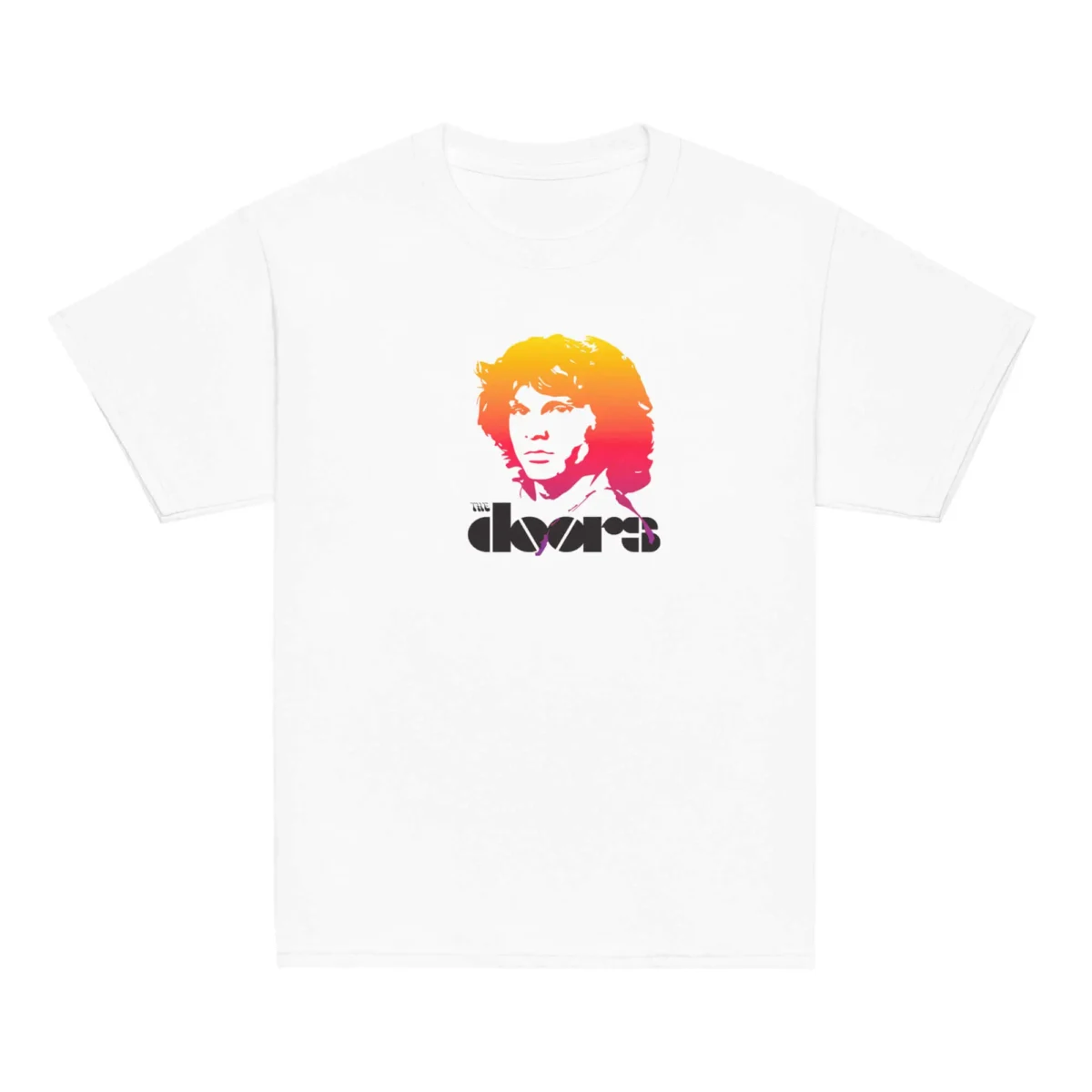 T-shirt de criança branca The Doors com o retrato de Jim Morrison em estilo gradiente de cor (amarelo, laranja, rosa e roxo) por cima do logótipo da banda.