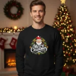 "Camisola de Natal Very Fashion 'Merry Christmas' em tecido macio, com estampa colorida e toque artesanal, disponível para homem e mulher."