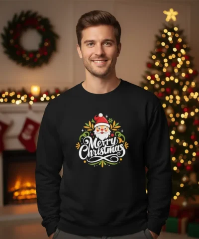 "Camisola de Natal Very Fashion 'Merry Christmas' em tecido macio, com estampa colorida e toque artesanal, disponível para homem e mulher."
