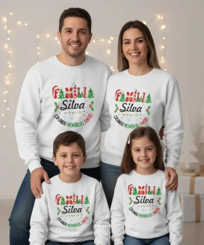 Uma família feliz (pai, mãe, filho e filha pequenos) a sorrir para a câmara, vestidos com sweatshirts brancas de Natal a condizer. As camisolas são personalizadas com o texto 'FAMÍLIA Silva' e 'CRIANDO MEMÓRIAS JUNTOS' em designs festivos com elementos natalícios como o Pai Natal, flocos de neve e árvores de Natal. O fundo é um cenário festivo e suavemente iluminado com luzes de fadas.