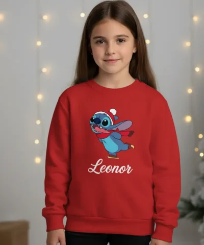 Sweatshirt infantil vermelha personalizada com personagem azul a patinar no gelo e nome Leonor