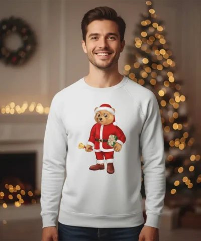 Sweatshirt unissexo branca com estampa de ursinho Teddy vestido de Pai Natal, design exclusivo Very Fashion.