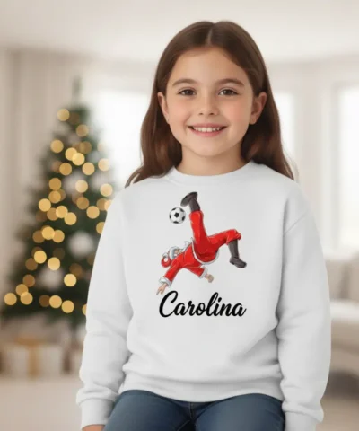 sweatshirts branca personalizadas com ilustração de jogador de futebol e nome impresso.
