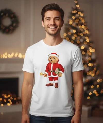 Ursinho vestido de Pai Natal segurando um presente e um sino, ilustrado em estampa sobre T-shirt branca.
