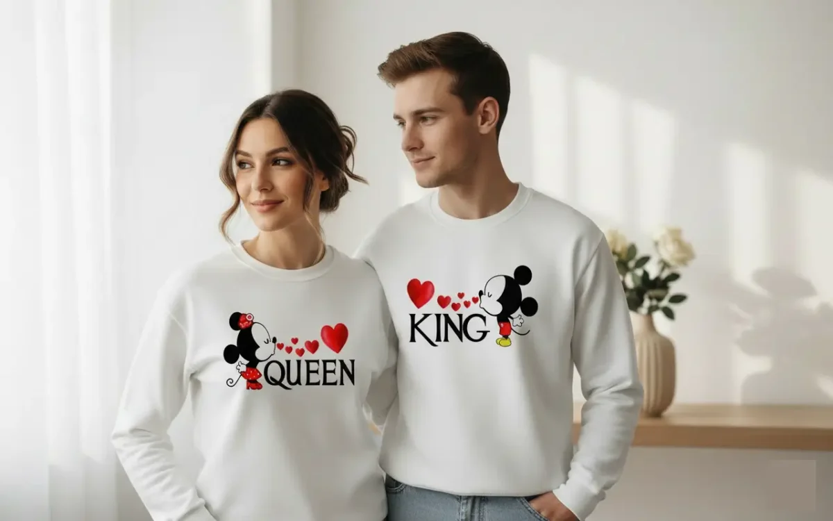"Casal jovem veste sweatshirts unissexo brancas a condizer. A sweatshirt da mulher tem a inscrição 'QUEEN' com a silhueta da Minnie a dar um beijo, e a do homem tem a inscrição 'KING' com a silhueta do Mickey. Entre ambos, pequenos corações vermelhos unem os desenhos."