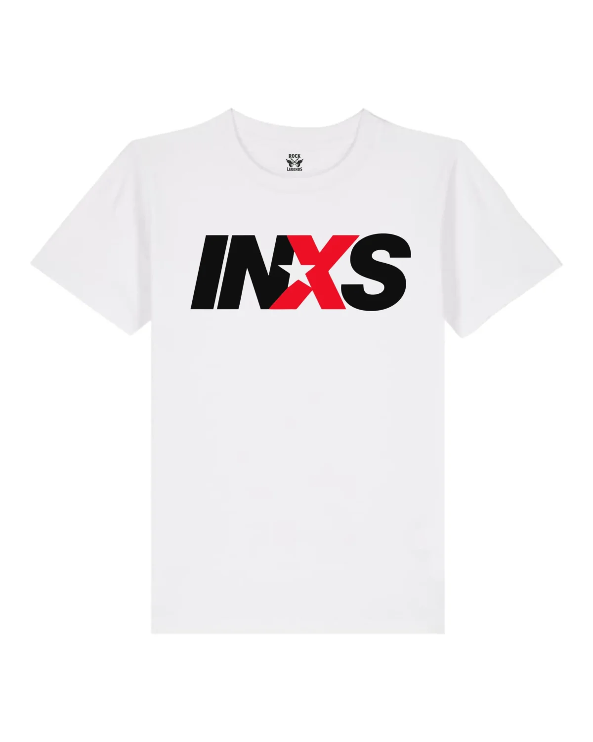 T-shirt infantil branca com o logótipo "INXS" a preto e vermelho e uma estrela branca no "X", em fundo branco.