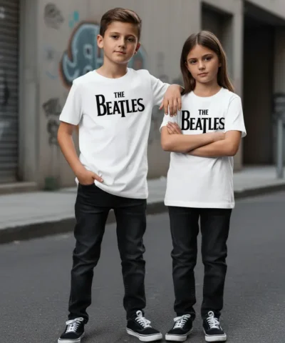 T-shirt infantil branca com estampa preta The Beatles na parte frontal.