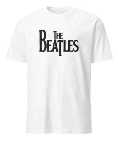 T-shirt unissexo branca com o logótipo preto clássico da banda The Beatles centralizado no peito.