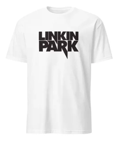 T-shirt branca unissexo com o logótipo dos Linkin Park em preto no centro.
