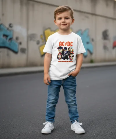 T-shirt branca infantil AC/DC com ilustração colorida estilo pop art dos membros da banda e frase Let There Be Rock.