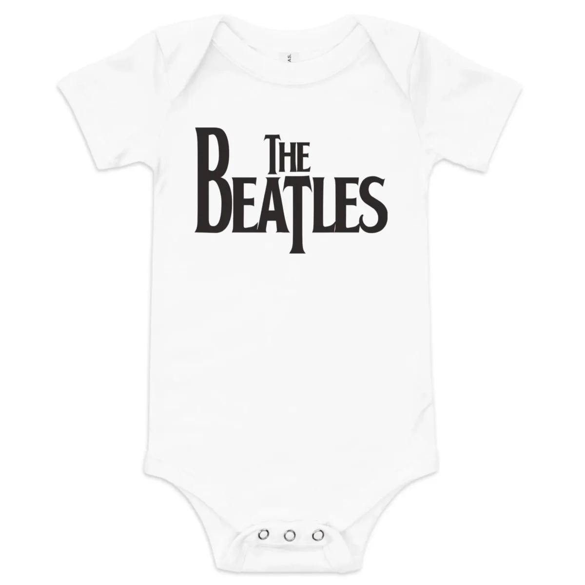 Body branco de manga curta para bebé com o logótipo preto da banda The Beatles no centro.