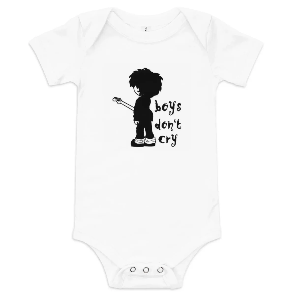 Body infantil branco de manga curta com ilustração preta de um boneco estilizado do cantor Robert Smith (The Cure) segurando uma guitarra, com a frase 'boys don't cry' ao lado.