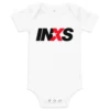 Body de bebé branco de manga curta com o logótipo oficial da banda INXS estampado no peito em preto e vermelho.