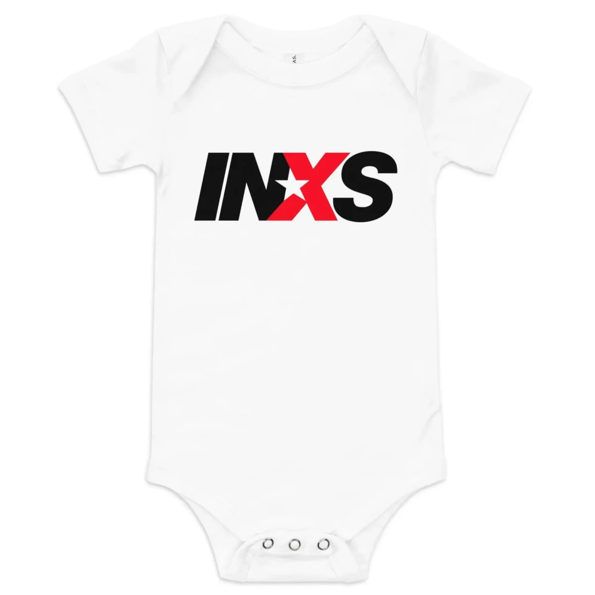 Body de bebé branco de manga curta com o logótipo oficial da banda INXS estampado no peito em preto e vermelho.