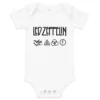 Body branco de bebé com o logótipo preto da banda Led Zeppelin e os quatro símbolos icónicos da capa do álbum Led Zeppelin IV.