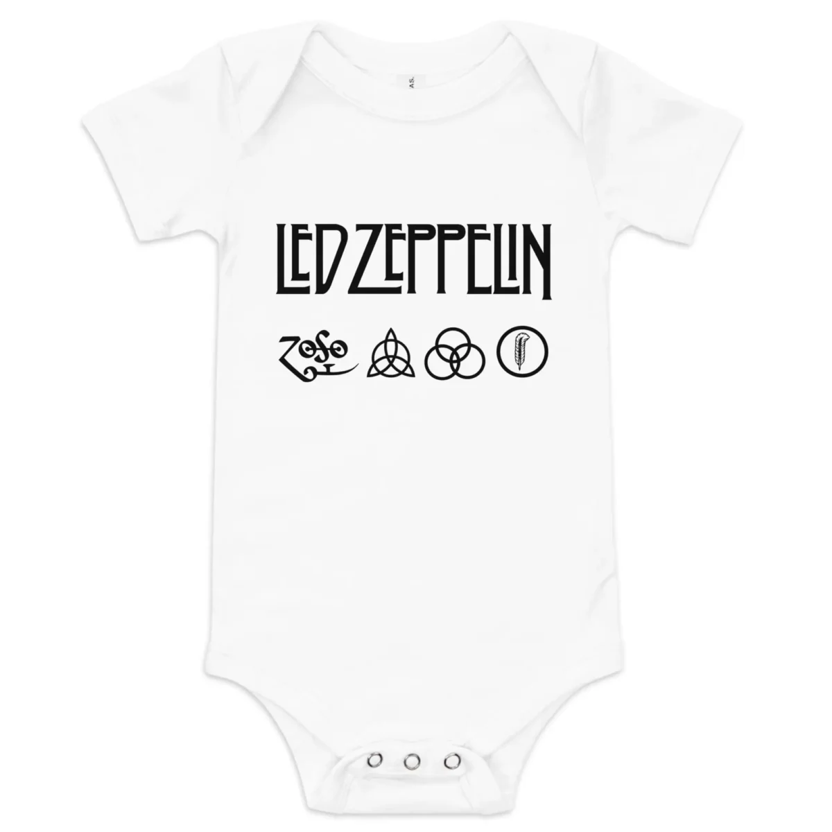 Body branco de bebé com o logótipo preto da banda Led Zeppelin e os quatro símbolos icónicos da capa do álbum Led Zeppelin IV.