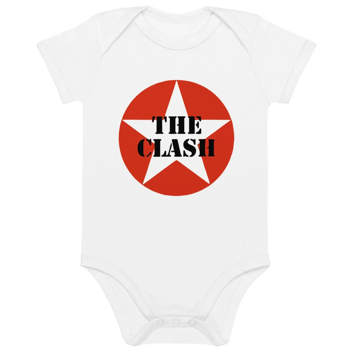 Body para bebé branco de manga curta com o logótipo da banda The Clash (nome da banda em preto sobre uma estrela branca dentro de um círculo vermelho).