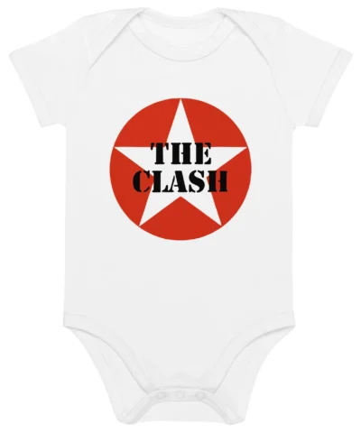 Body para bebé branco de manga curta com o logótipo da banda The Clash (nome da banda em preto sobre uma estrela branca dentro de um círculo vermelho).